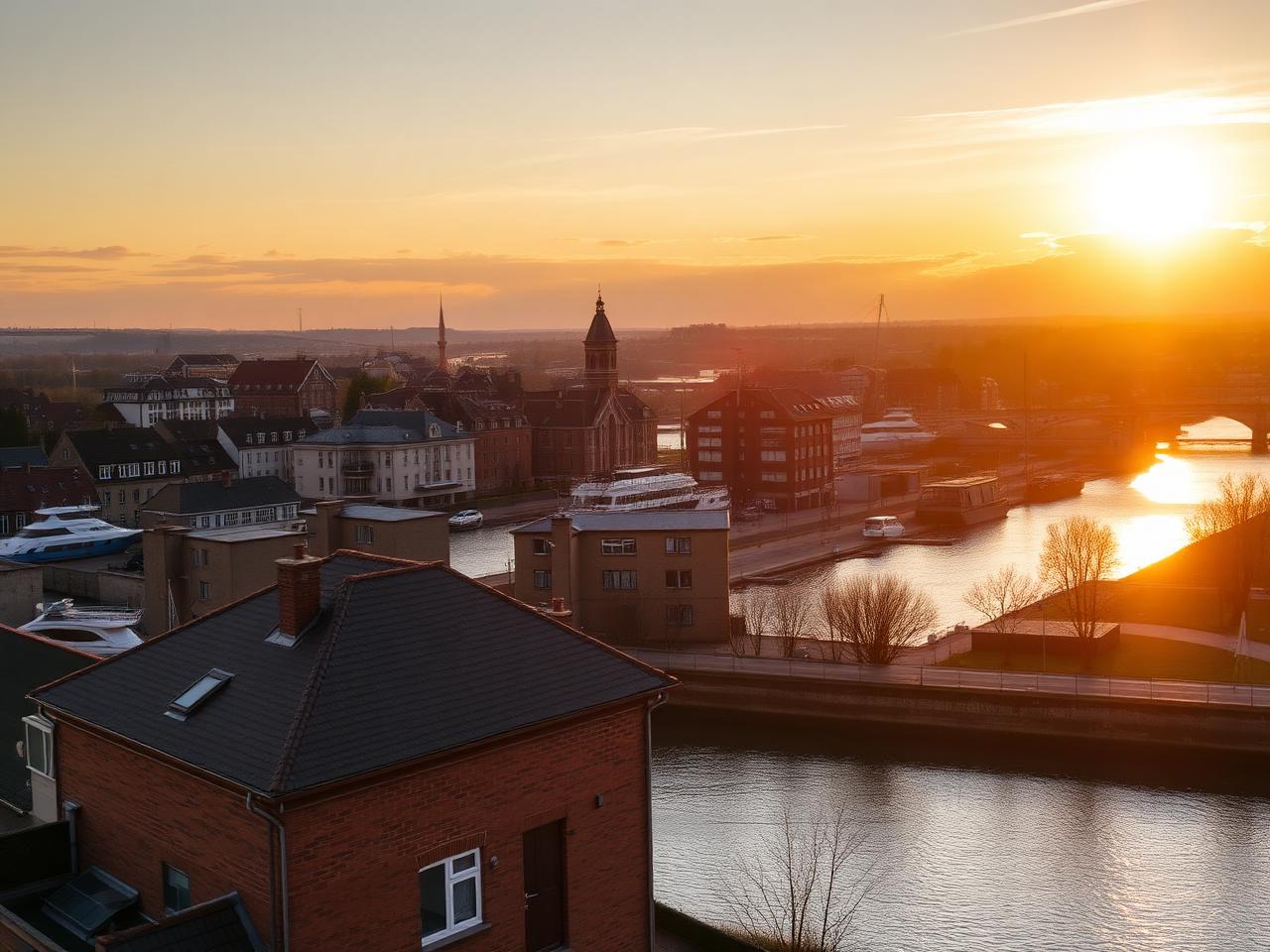 Vue de Liège au coucher de soleil avec les quais de la Meuse et une copropriété résidentielle